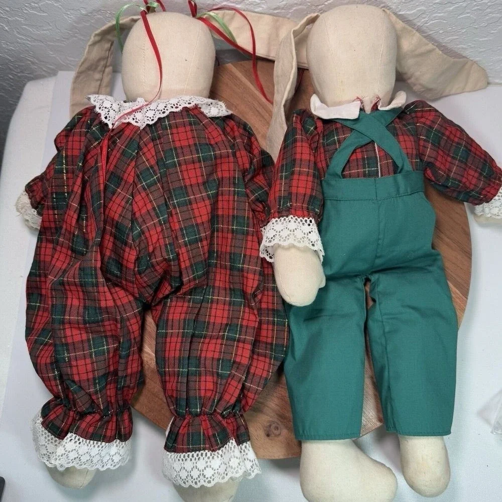 Vintage Cotton Christmas‎ Bunny Dolls Boy Girl Plaid Outfit 17